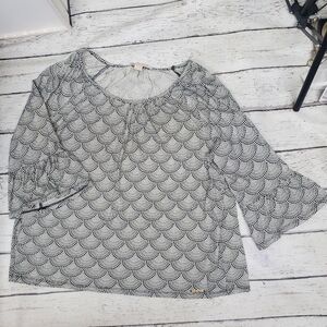 MICHAEL Michael Kors Black White 3/4 Sleeves Flared Cuffs Relax Fit Pullover